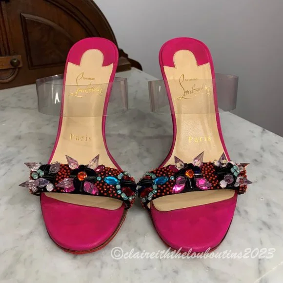 Louboutin Speleola 100 Pink Satin Rhinestone Crystal PVC Mules size 35